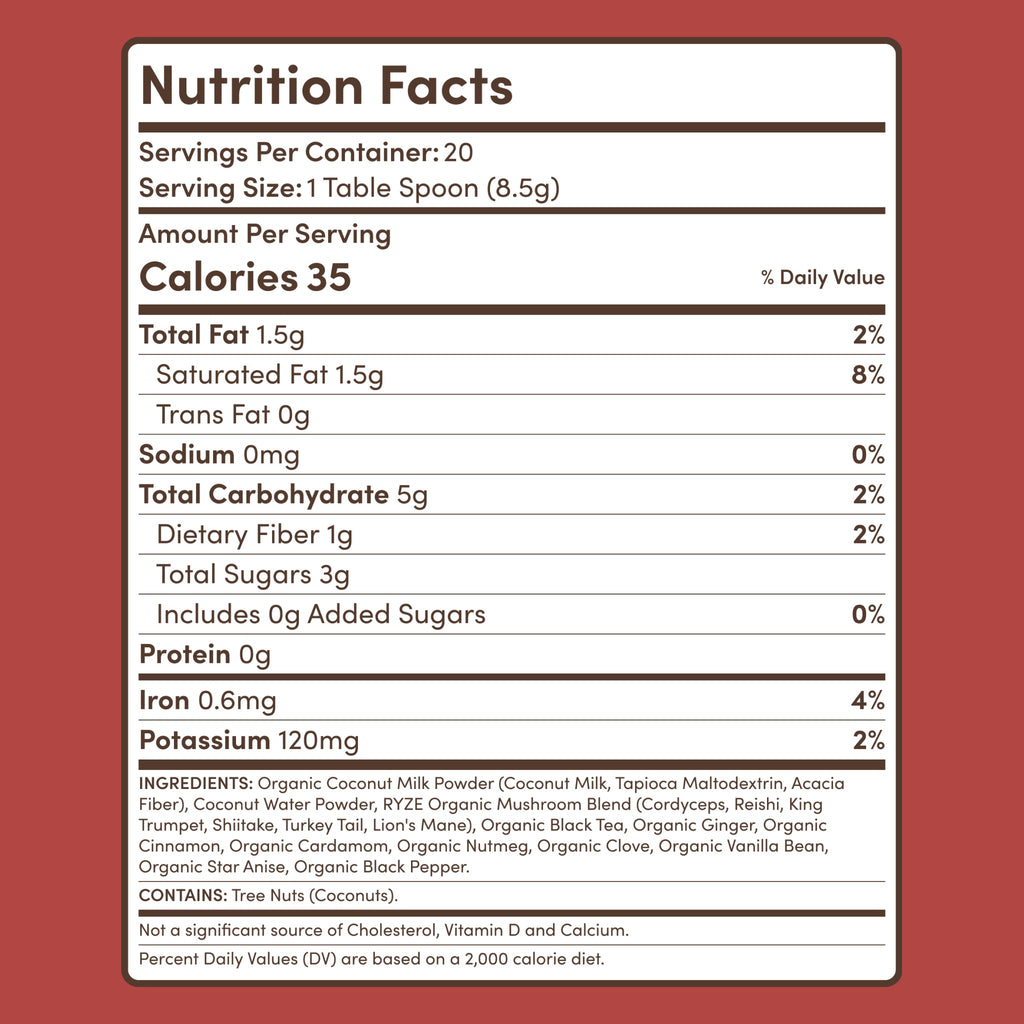 RYZE Mushroom Chai — Organic Instant Chai with Reishi & Organic Black Tea, 20 Servings